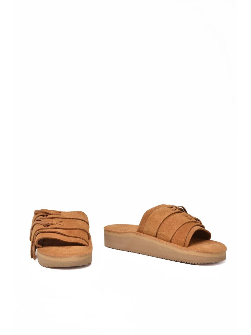 Corbi & Sons Beige Layered Fringe Suede Platform Slide Sandals