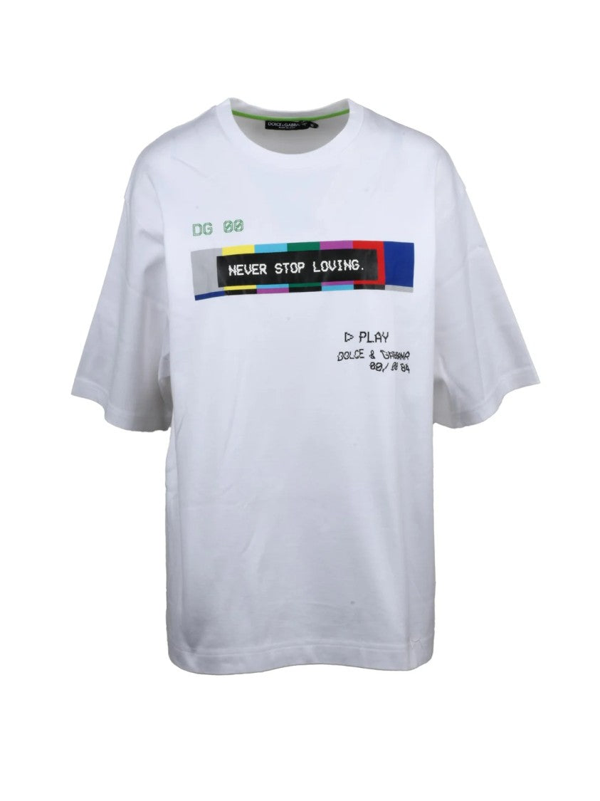 Dolce & Gabbana White Colorful Graphic Crew Neck Cotton T-Shirt