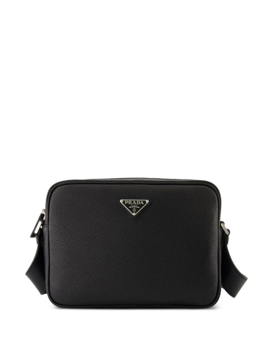Prada Textured Leather Shoulder Bag With Adjustable Strap And Triangle Logo