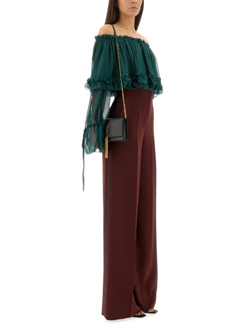 Saint Laurent Sheer Ruffled Off-Shoulder Blouse In Silk