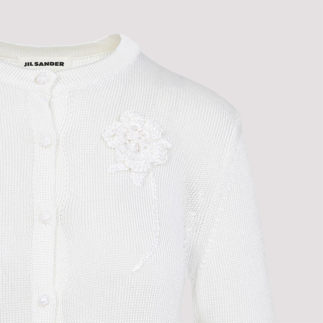 Jil Sander Button-Up White Viscose Sweater With Floral Embellishment