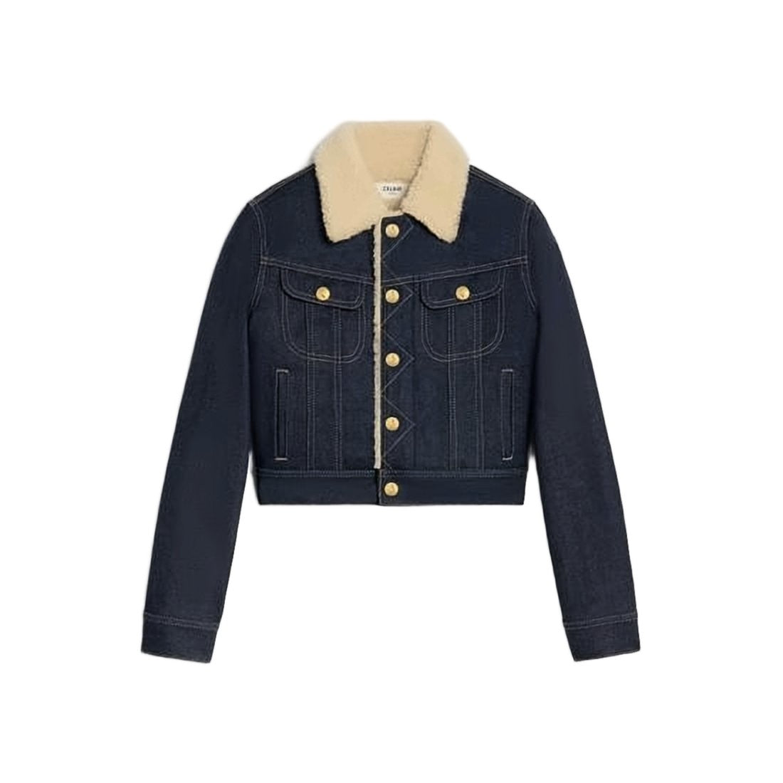 Celine Cropped Denim Jacket With Shearling Collar