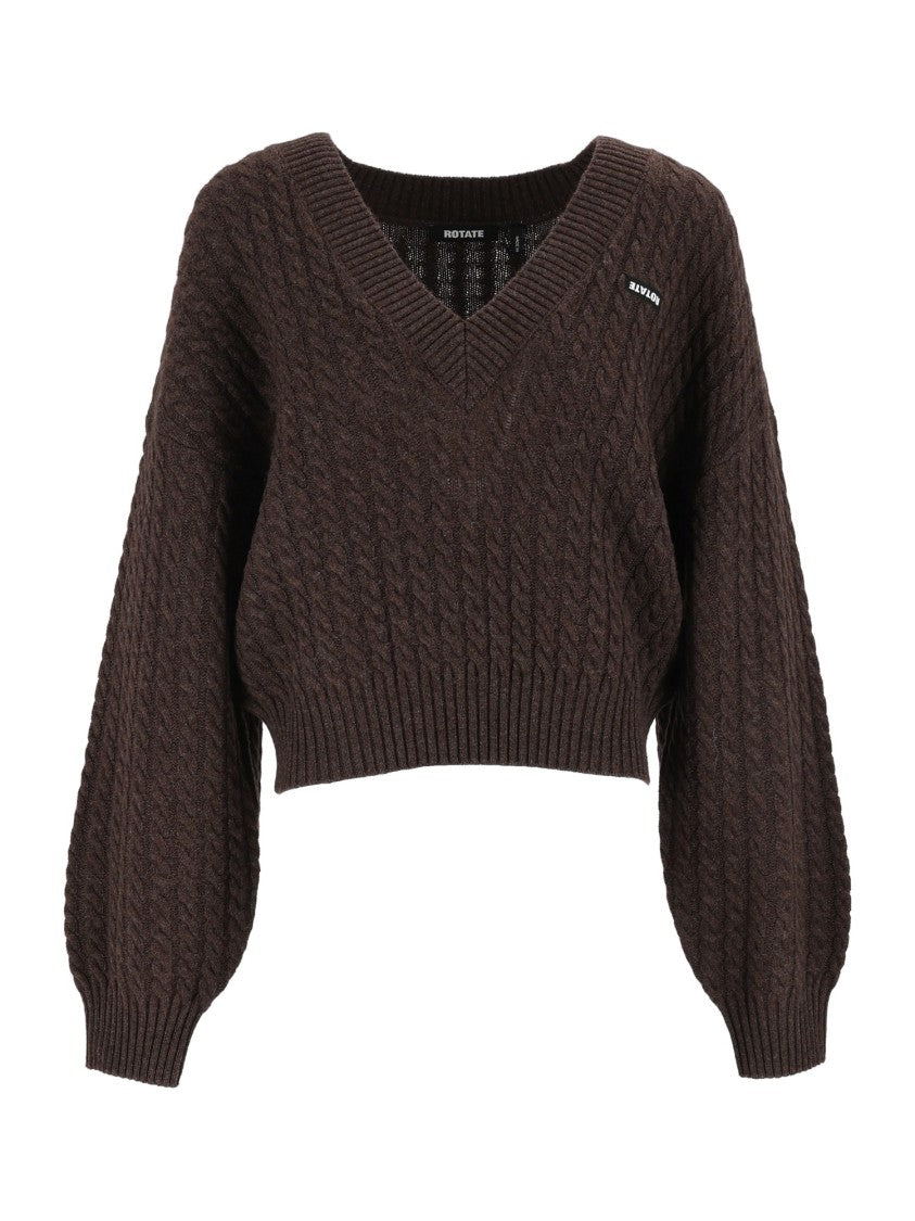 Rotate Brown Regular-Fit Cable-Knit V-Neck Sweater