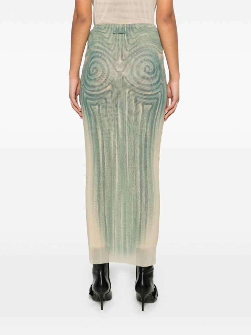 Jean Paul Gaultier Spiral Printed Mesh Long Skirt