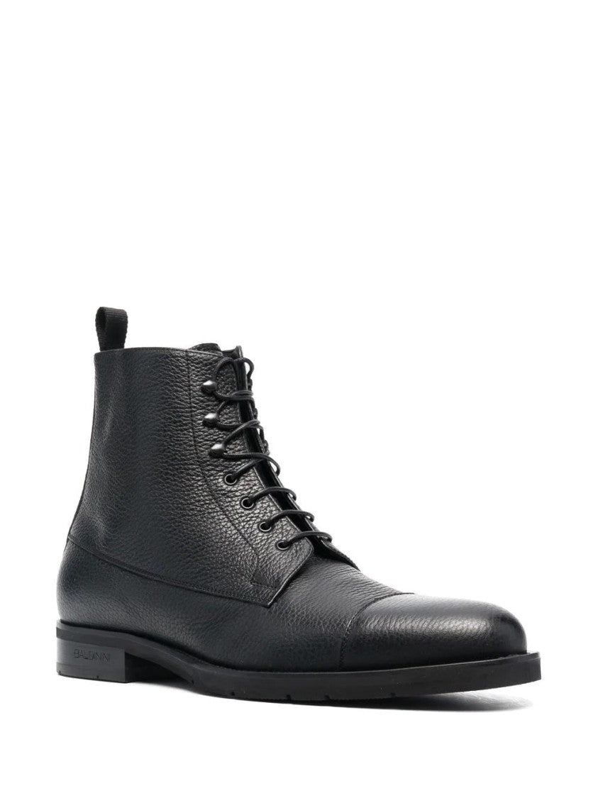 Baldinini Lace-Up Black Leather Ankle Boots With Textured Upper And Side Zipper