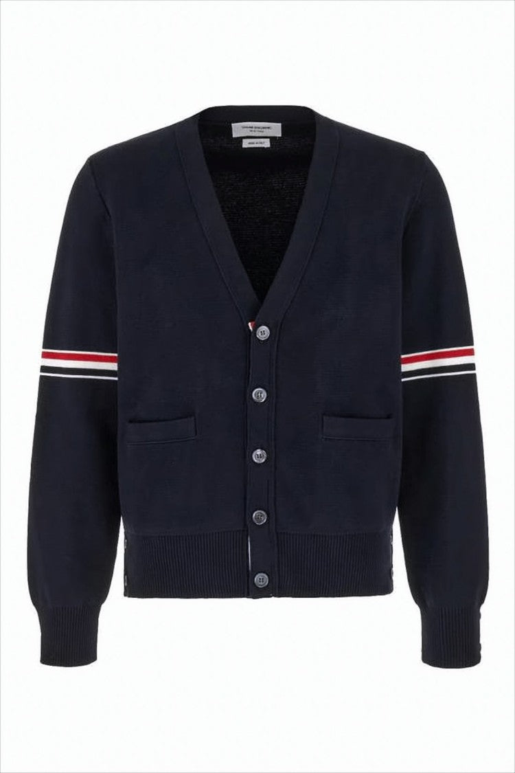 Thom Browne Cropped Blue Cardigan With Deep V-Neck And Tricolor Accent