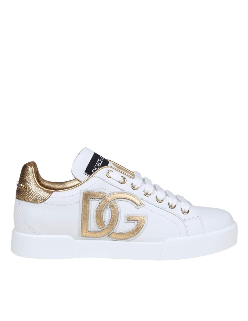 Dolce & Gabbana Portofino Sneakers White And Gold With Dg Logo