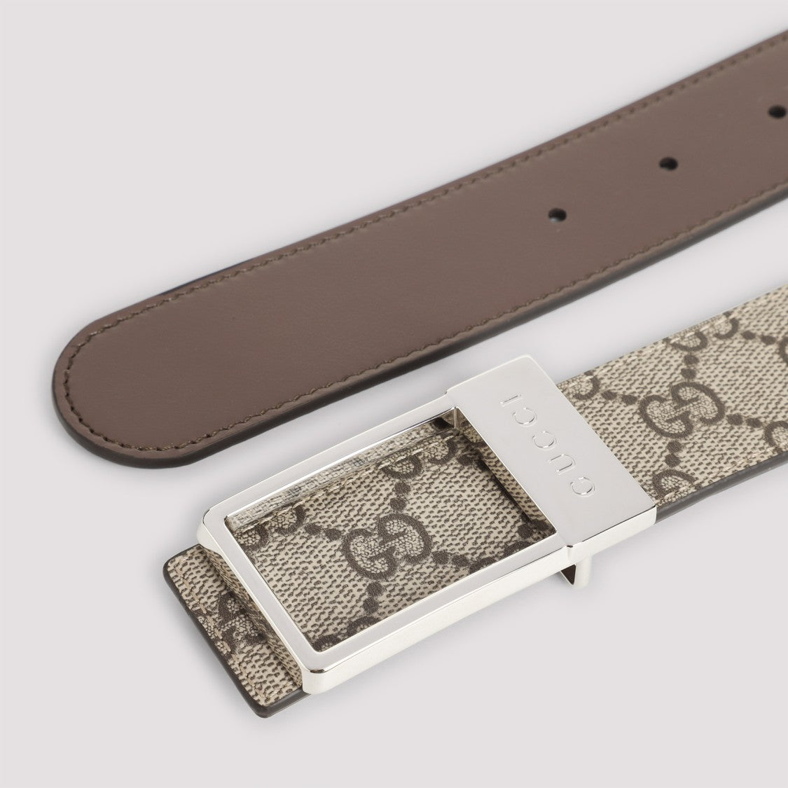 Gucci Nude Patterned Monogram Belt With Polished Silver Buckle