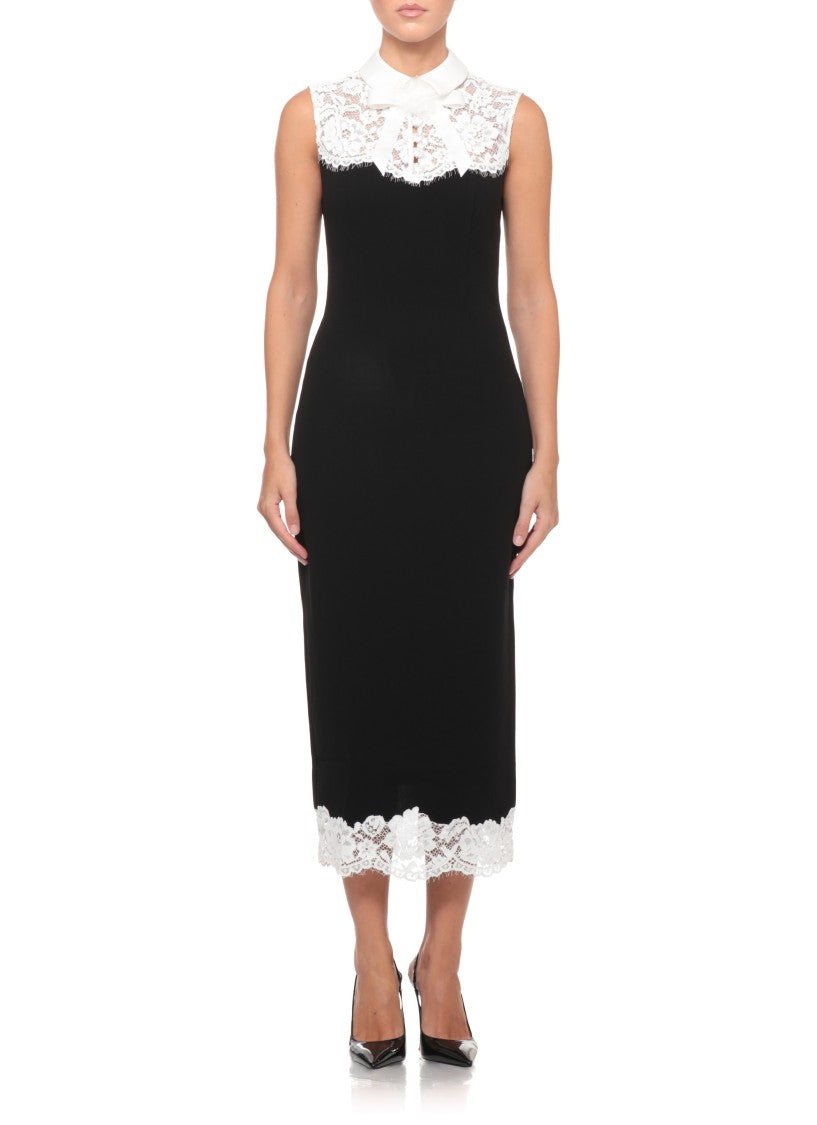 Self-Portrait Sleeveless Black Midi Dress With Floral Lace And Statement Collar