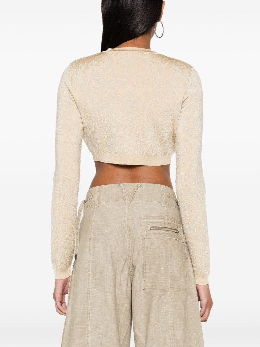 Versace Beige Cropped Baroque Lurex Knit Cardigan