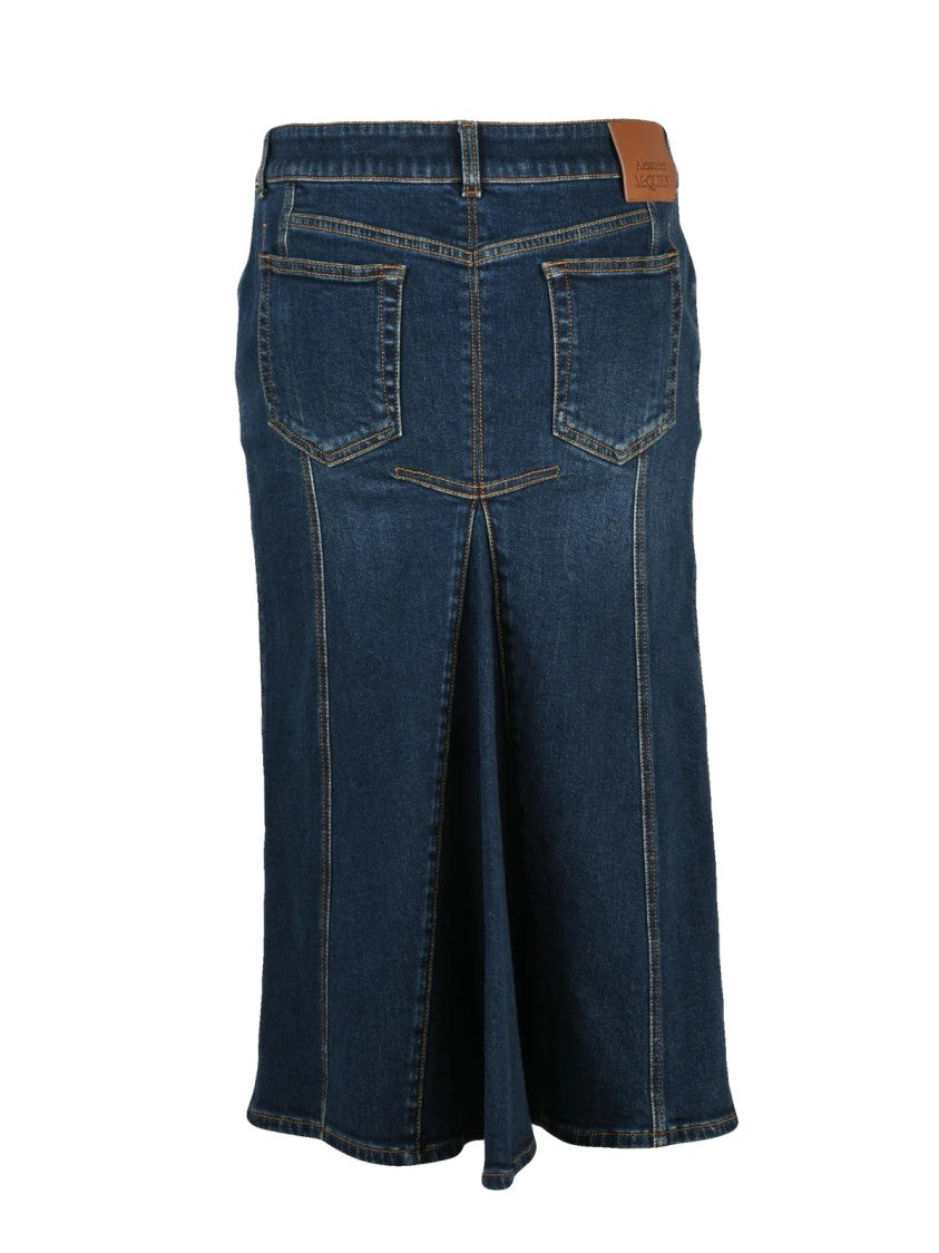 Alexander Mcqueen Blue Stretch Denim Zip Midi Skirt