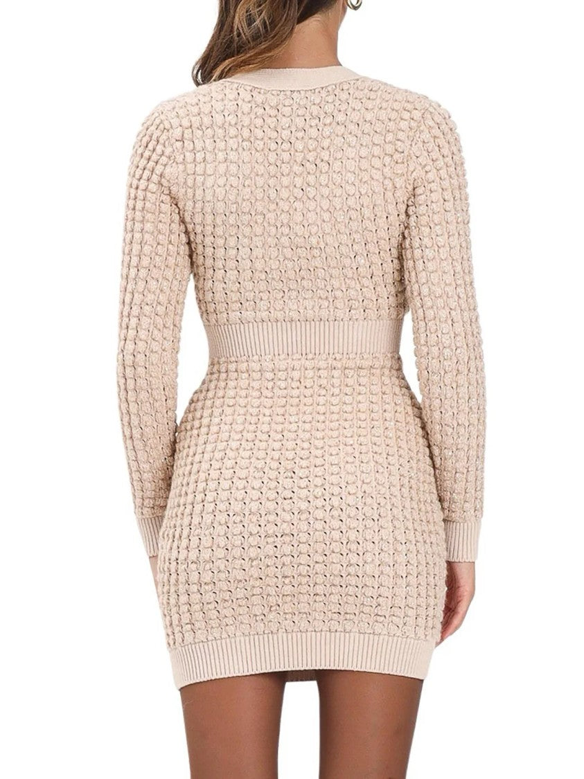 Elisabetta Franchi Textured Knit Fitted Dress With Double-Breasted Button Front