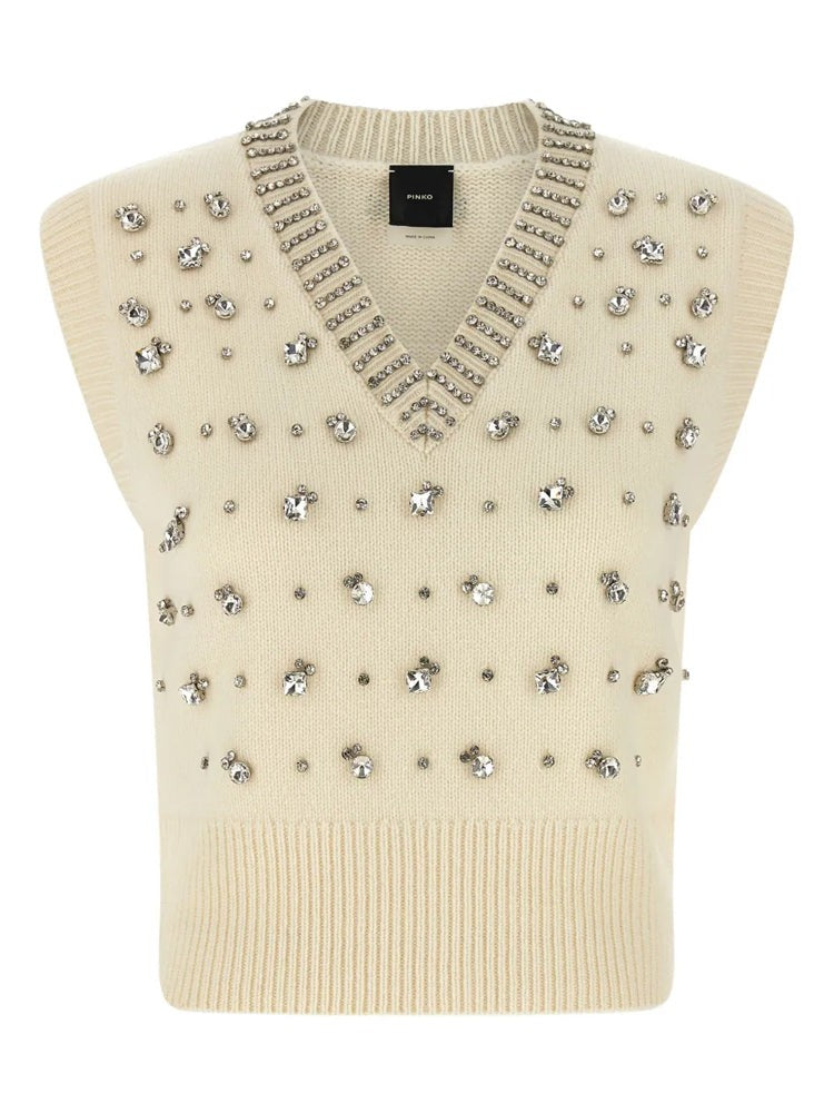 Pinko White Sleeveless V-Neck Wool-Blend Blouse