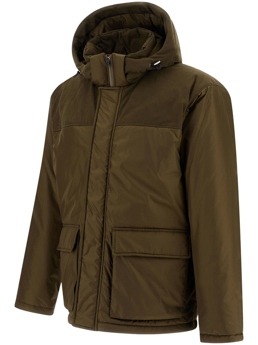 Herno Padded Green High Collar Coat With Hood And Boxy Silhouette