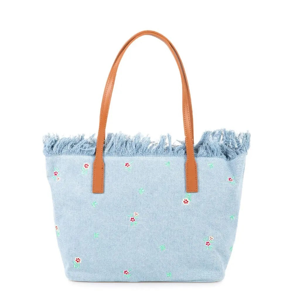 Mc2 Saint Barth Light Blue Denim Tote Bag With Floral Embroidery
