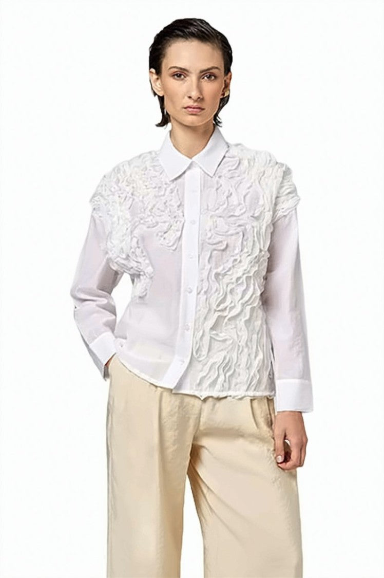 Alpha Studio Raw-Cut Ruffled Cotton Shirt