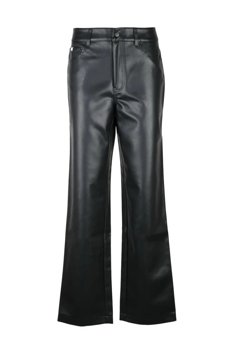 Calvin Klein Jeans Straight-Leg Black Faux Leather Trousers With Mid-Rise Waist And Classic Detailing