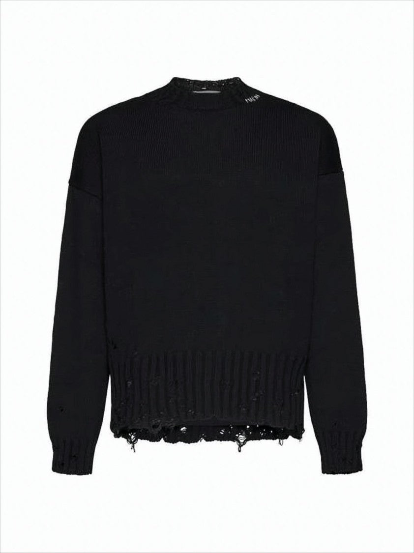 Marni Distressed Hem Black Knitted Sweater With Ribbed Neckline
