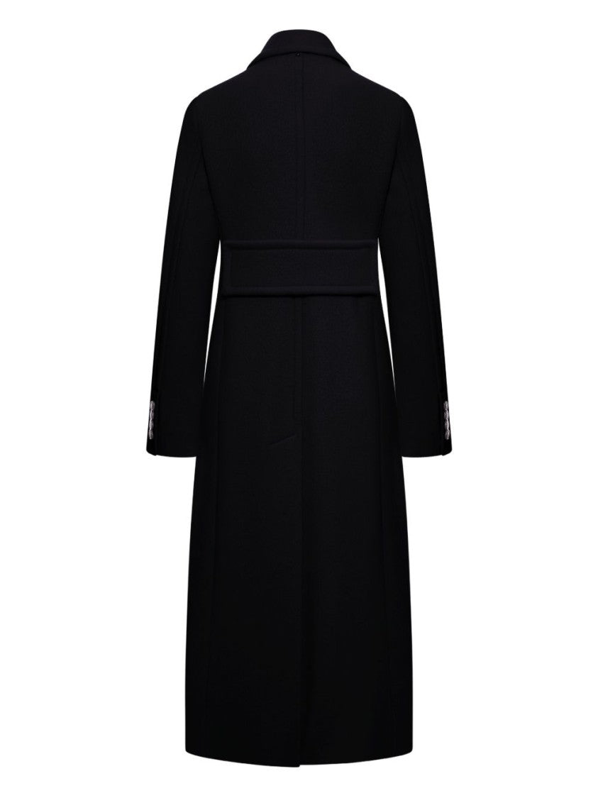 Sportmax Long Double-Breasted Black Coat With Structured Shoulders And Belt Detail