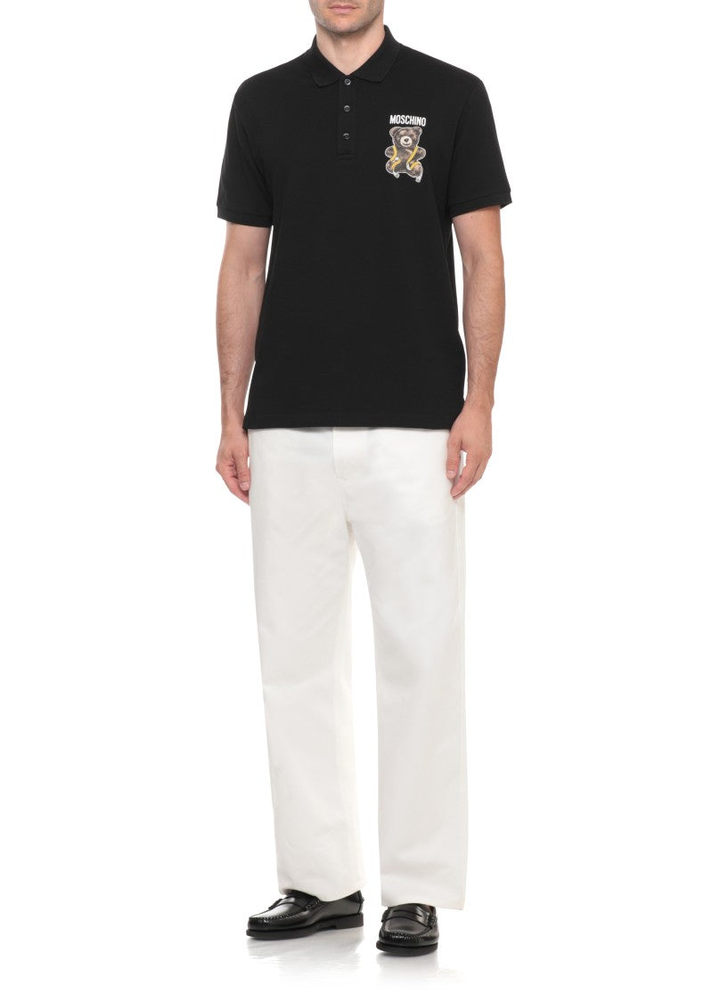 Moschino Black Teddy Bear Print Cotton Polo Shirt