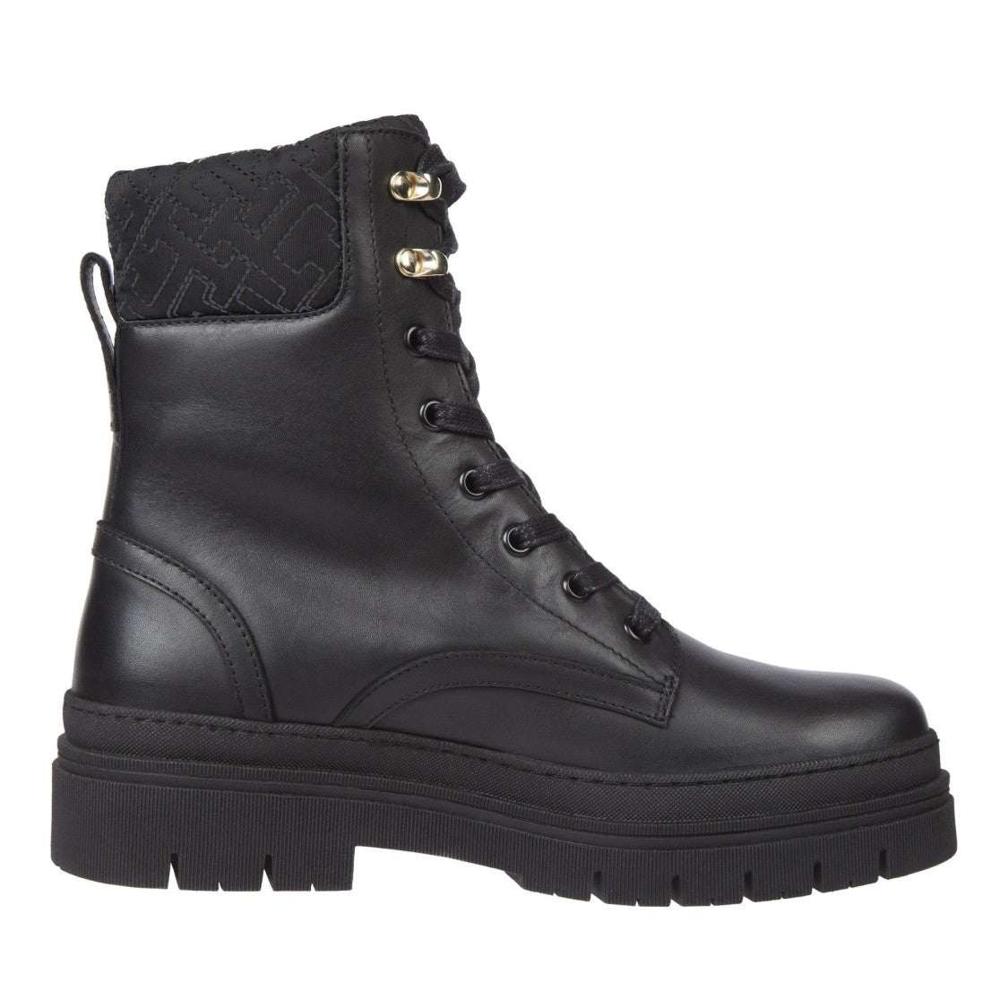 Tommy Hilfiger Black Cleated Lace-Up Padded Collar Leather Boots
