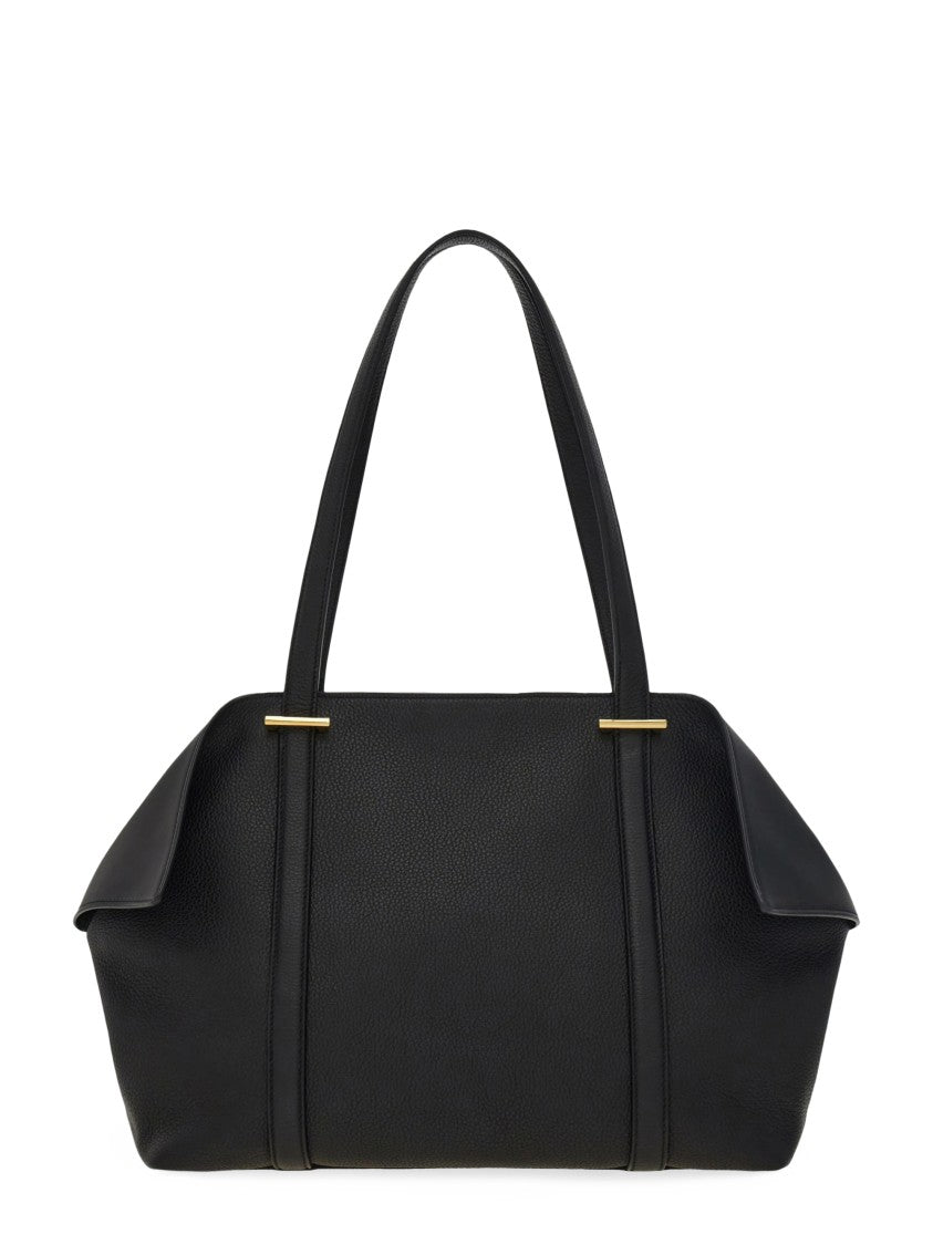 Ferragamo Structured Black Leather Tote Bag With Gold Accents