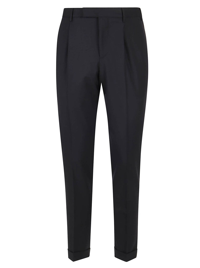 Pt Torino Tailored Black Bi-Stretch Wool Pants With Cuffed Hem