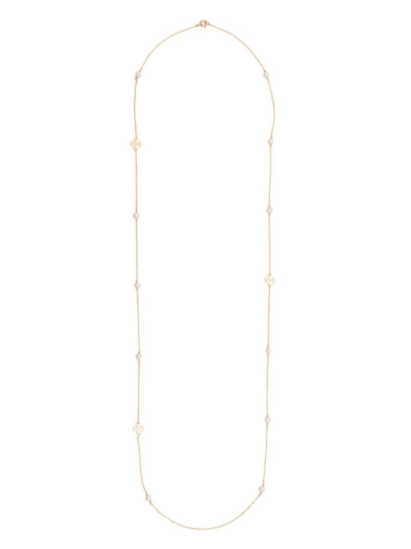 Tory Burch Delicate Gold-Tone Chain Necklace With Pearl Accents And Logo Charms