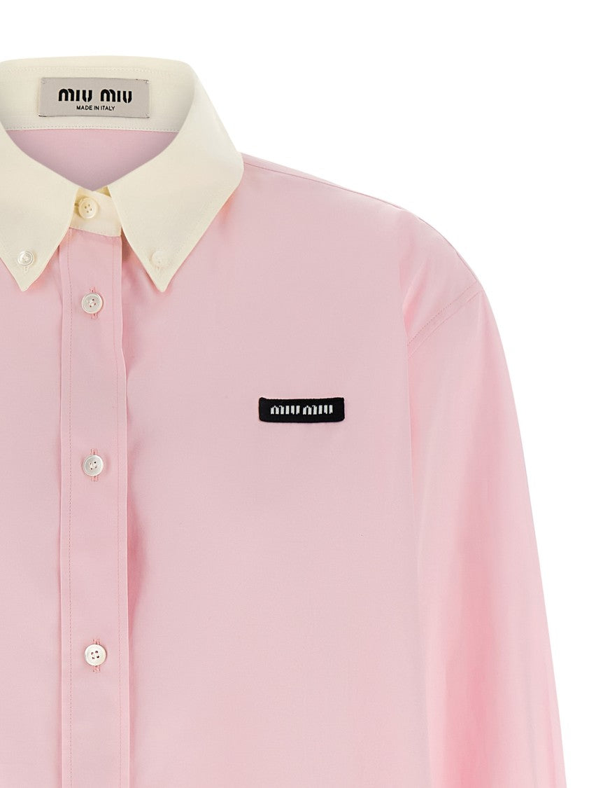 Miu Miu Cotton Poplin Shirt With Contrast Collar And Logo Embroidery