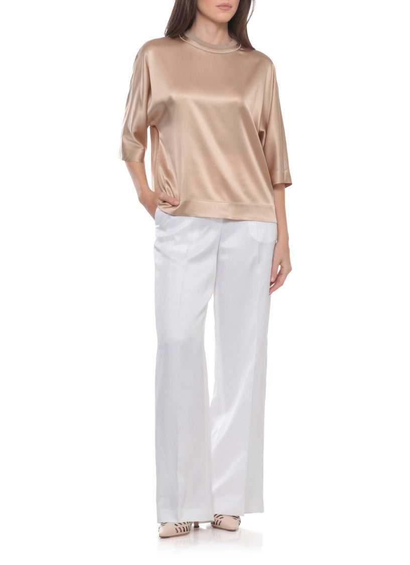 Peserico Gold Silk Round Neck Blouse