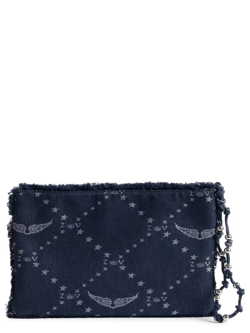 Zadig & Voltaire Rectangular Dark Denim Clutch With Embroidered Logo