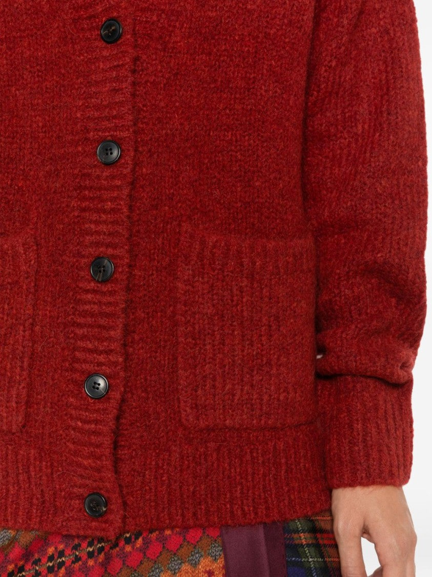 Dries Van Noten Red Loose Fit Deep V-Neck Knit Cardigan