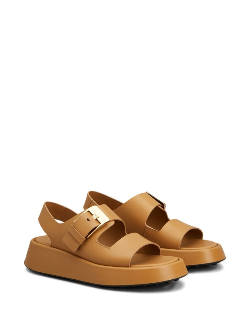 Tod's Beige Calf Leather Sandals With Polished Buckle