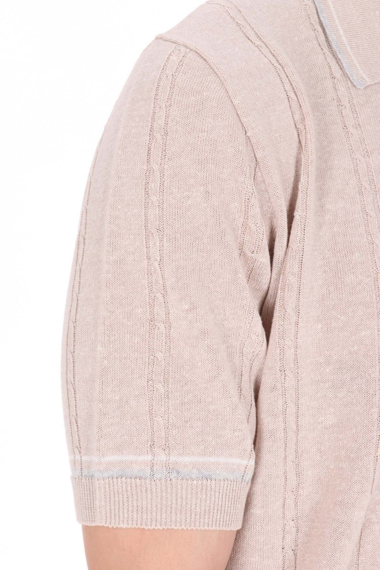 Eleventy Beige Cable-Knit Linen-Cotton Polo Shirt