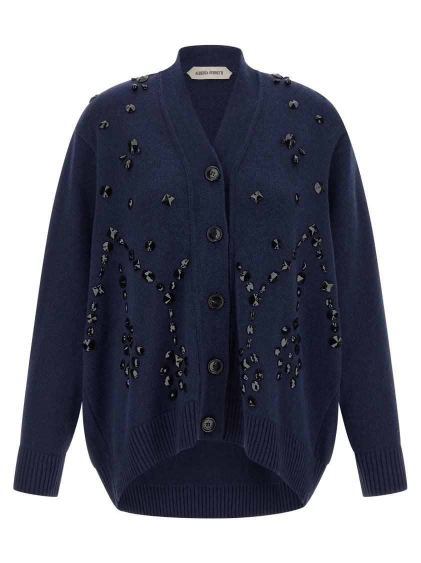 Alberta Ferretti V-Neck Cashmere And Silk Blend Cardigan With Crystal Embroidery
