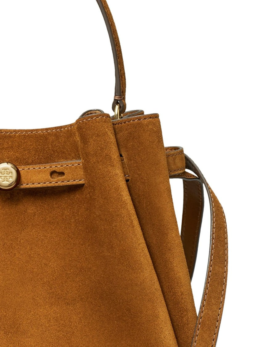 Tory Burch Structured Suede Brown Bucket Bag With Gold Accents