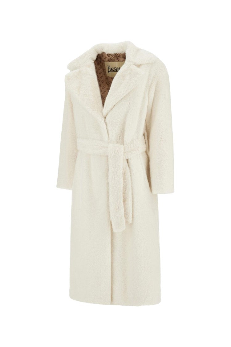 Herno White Polyester Teddy-Texture Belted Coat