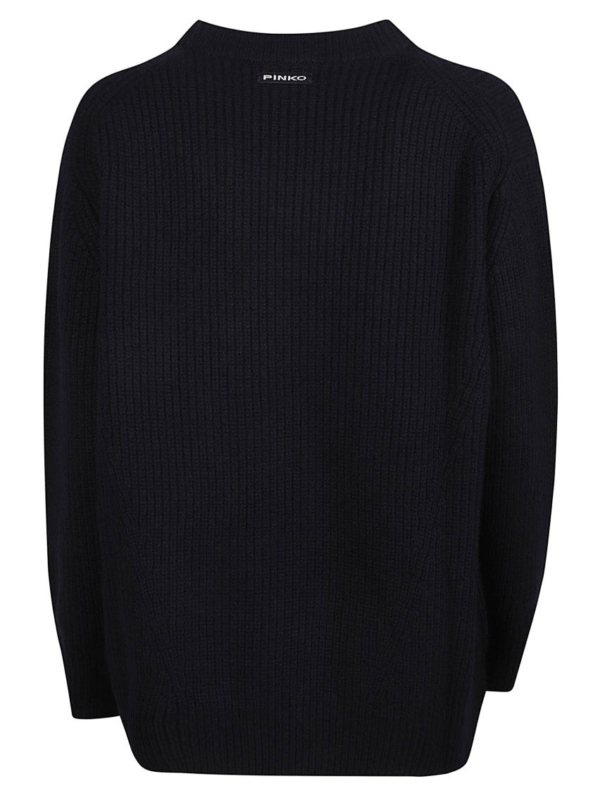 Pinko Ribbed Knit Black Sweater With Classic Round Neckline