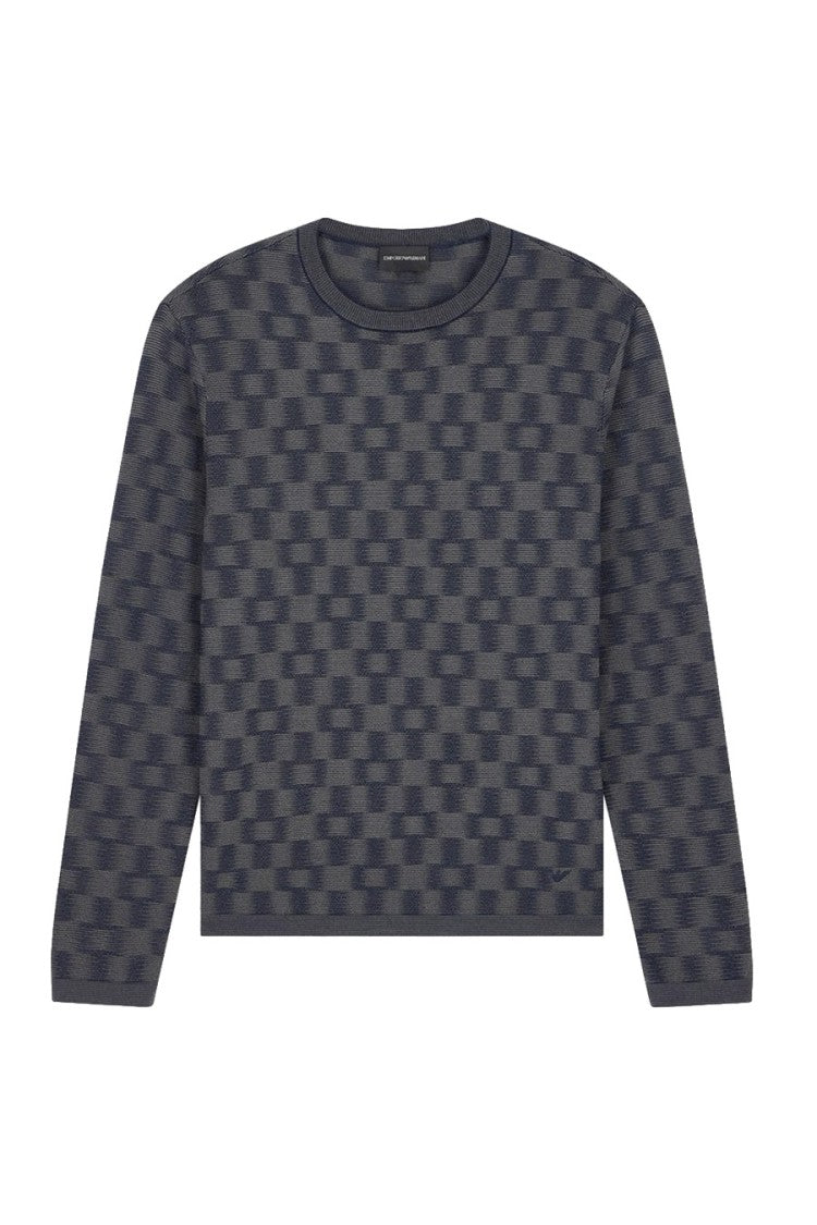 Emporio Armani Blue Wool Jacquard Checkerboard Sweater