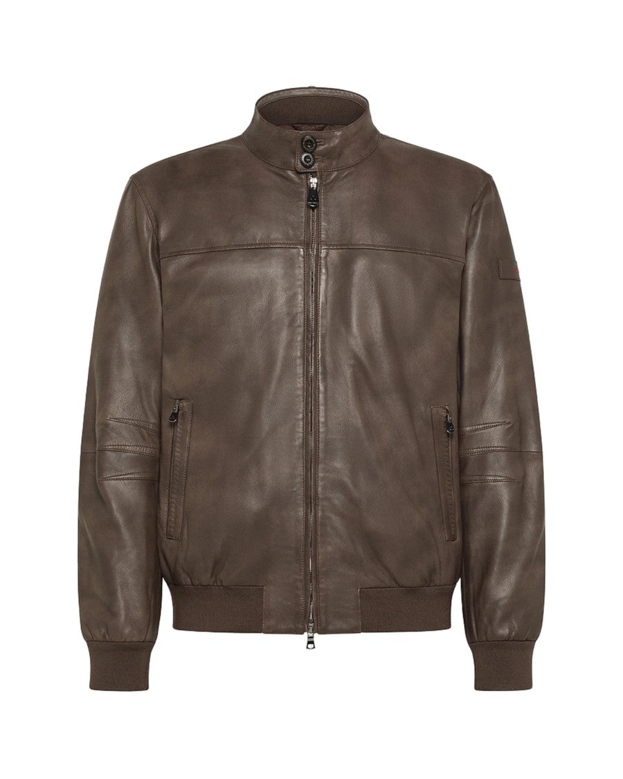 Peuterey Vintage-Effect Brown Leather Bomber Jacket