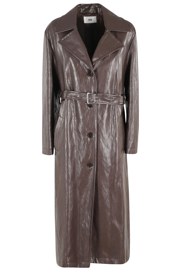 Solotre Glossy Brown Trench Coat With Belted Waist And Classic Collar