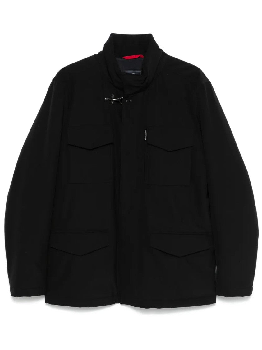 Fay Minimalist Black Jacket With High Collar And Toggle Closure