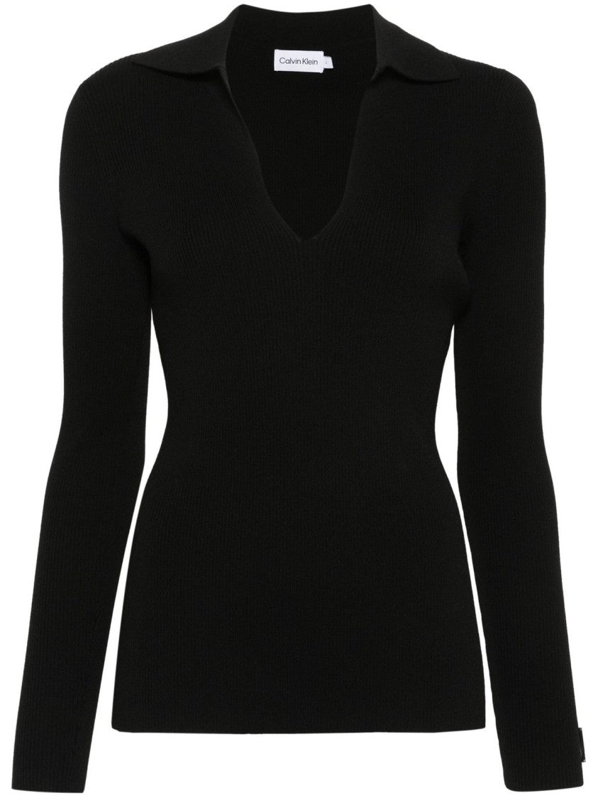 Calvin Klein Fitted Black Pullover Sweater With Deep V-Neckline
