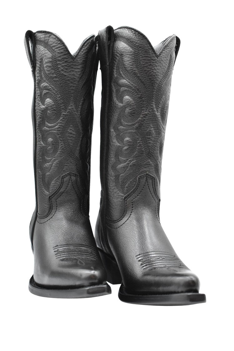 Ash Textured Leather Mid-Calf Western Boots