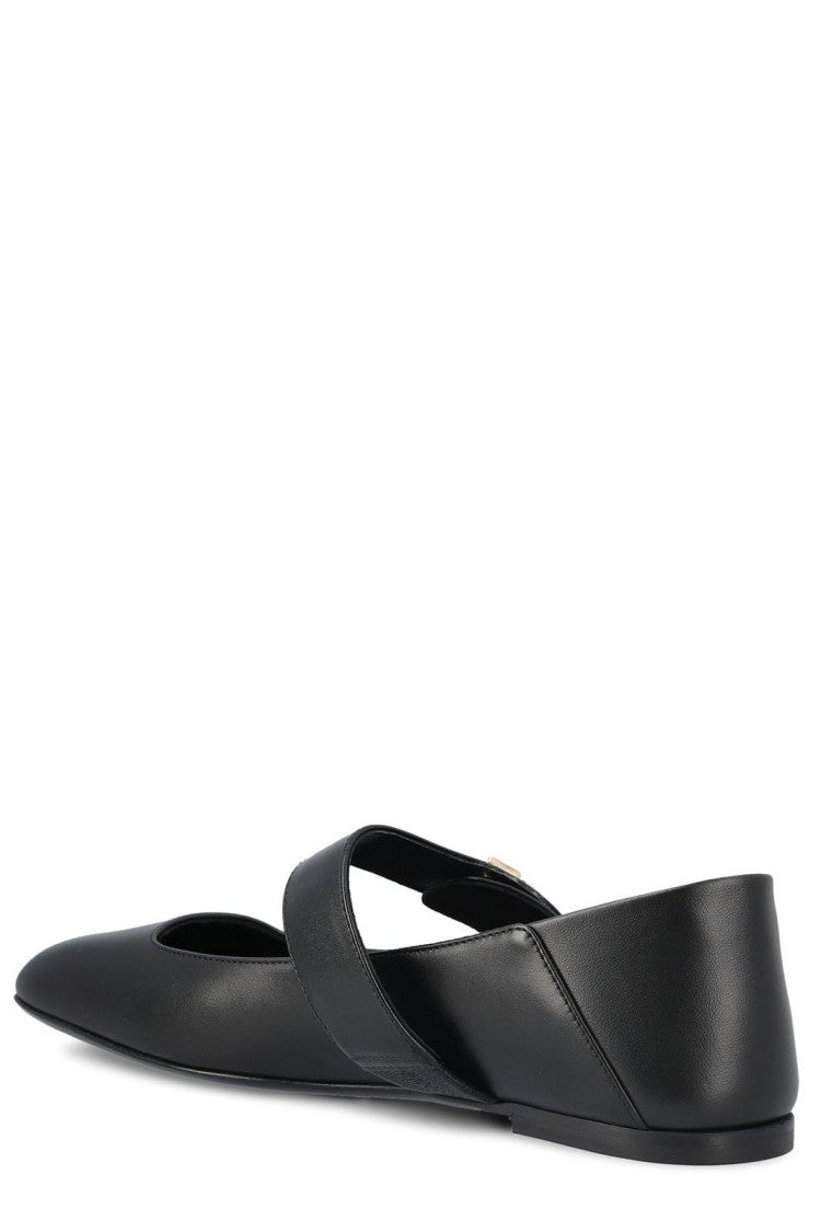 Valentino Pointed-Toe Black Calf Leather Flats With Circular Buckle Detail