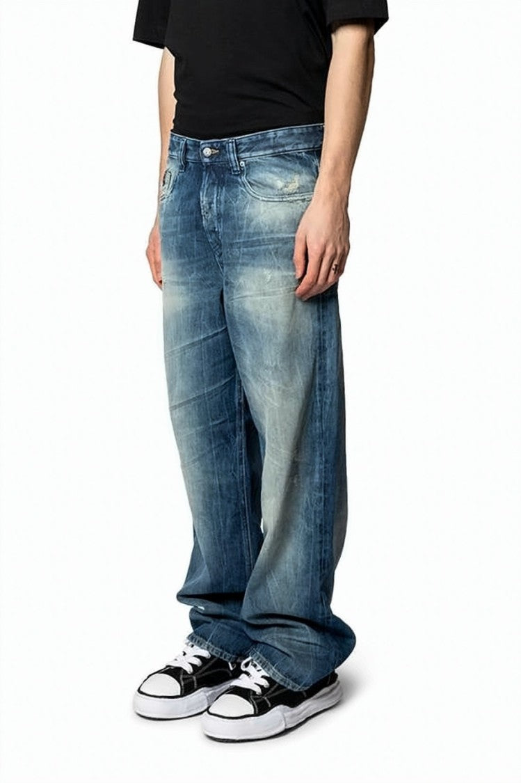 Diesel Relaxed Fit Washed Blue Denim Pants With Distressed Details