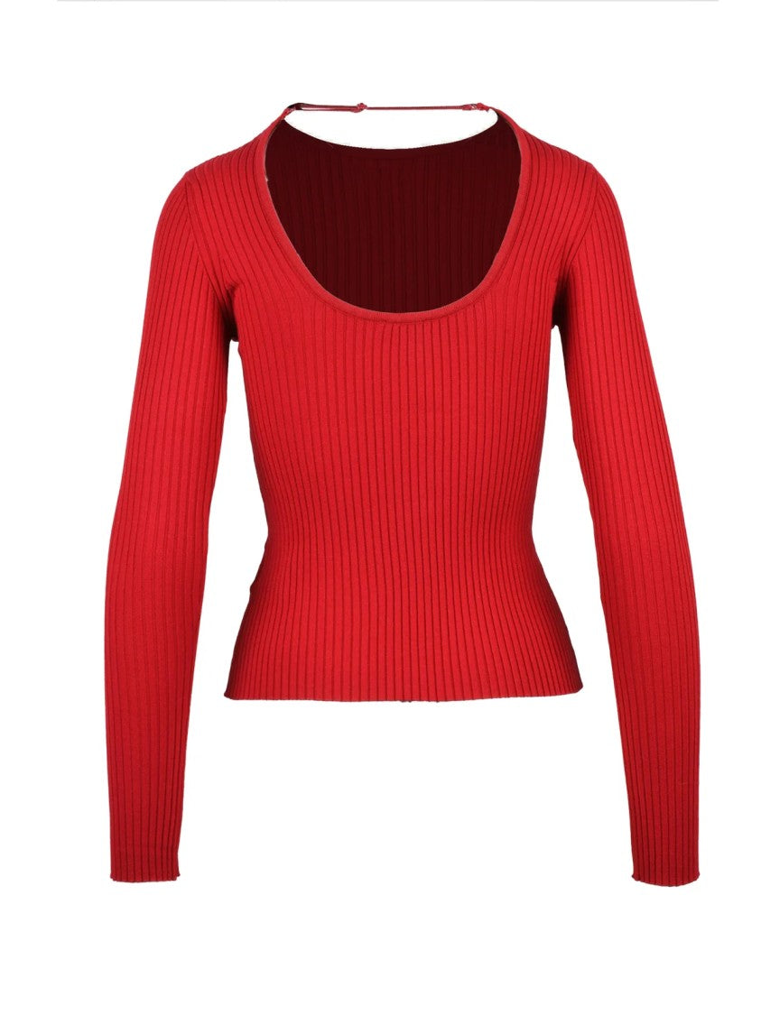 Courrèges Ribbed Long-Sleeved Knit Top With Subtle Back Strap Detail