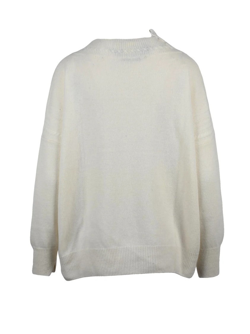 Ermanno Scervino White Embroidered Merino-Cashmere V-Neck Sweater