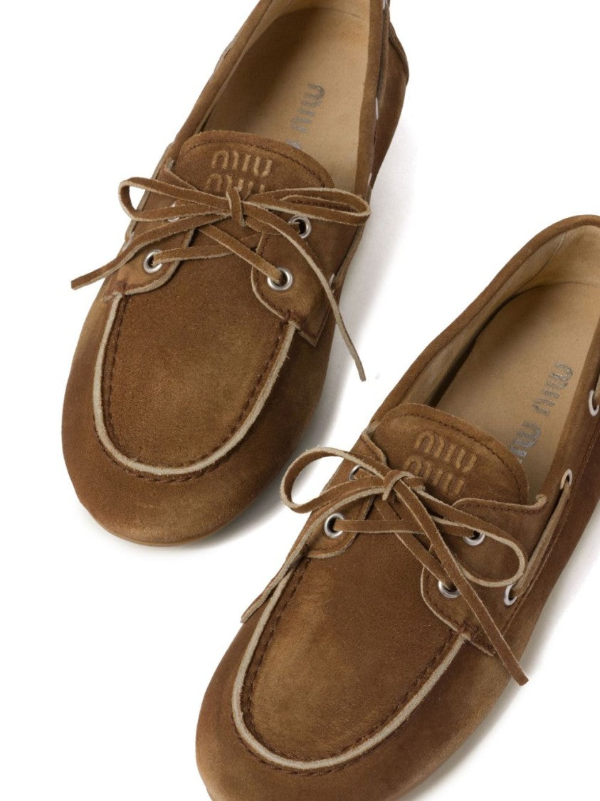 Miu Miu Brown Suede Lace-Up Moccasin Flats