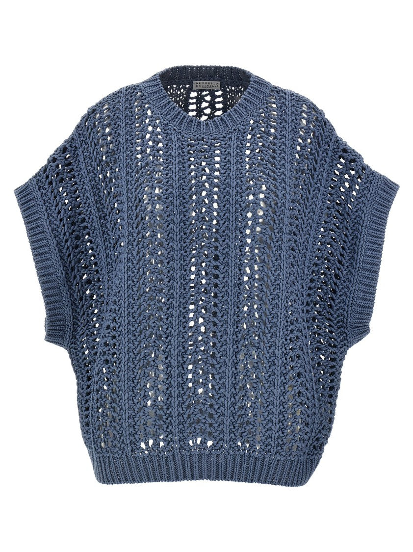 Brunello Cucinelli Ribbed Net Cotton Sweater With Perforated Design